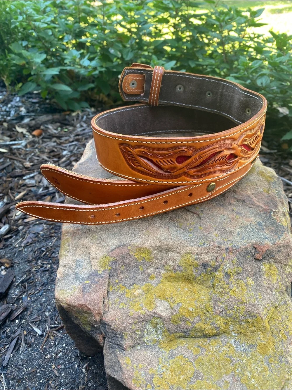 Unisex Leather RANGER Western-Style Tooled Belt with Red Accent